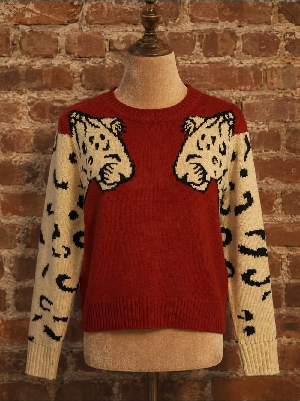 Vintage Red Crewneck Sweater with Cream and Black Leopard Motif